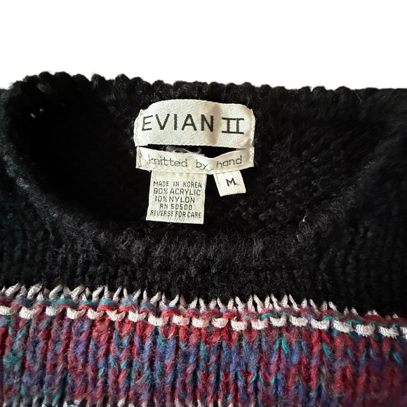 Evian II Hand Knit Vintage 80s Acrylic Black Pink Chunky Pullover Sweater Medium - Picture 4 of 8
